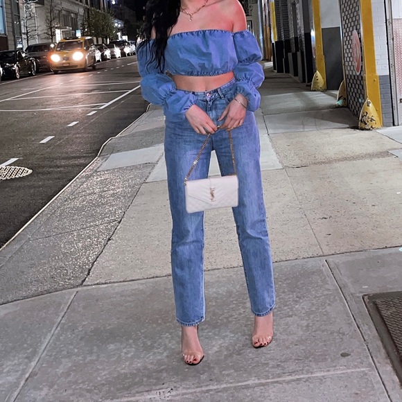 Light Blue Wash Layered Puff Sleeve Denim Crop Top - Picture 6 of 8